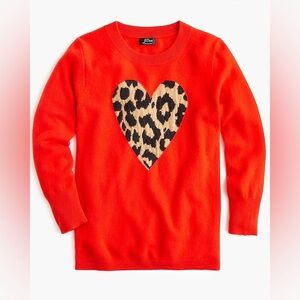 J. Crew Red Cashmere Sweater Leopard Heart Crewneck 3/4 Sleeve Womens Size XXS